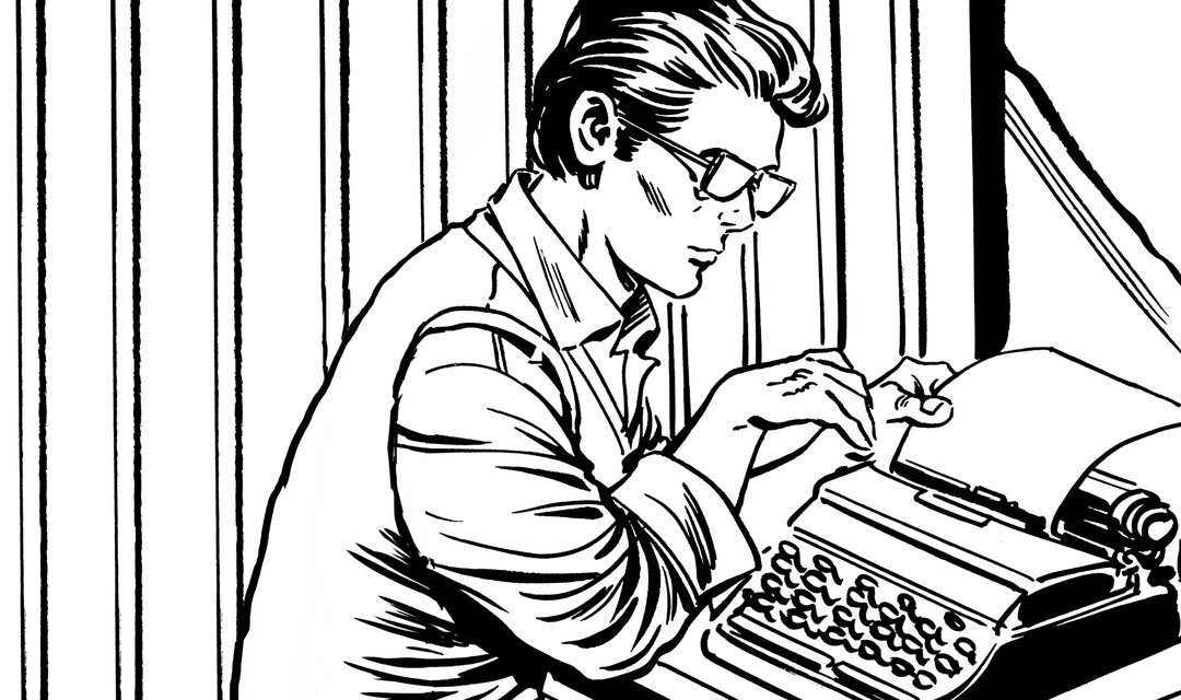 Illustration von einem Mann, der an einer Schreibmaschine sitzt und ein Blatt einspannt