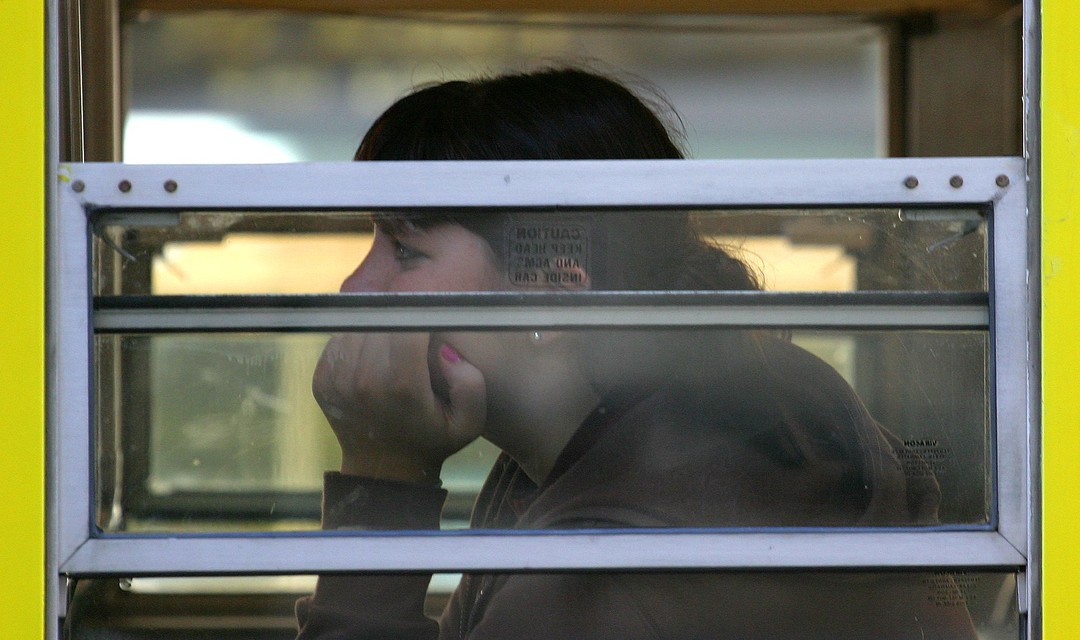 Eine Frau im Zug mit aufgestütztem Kopf.